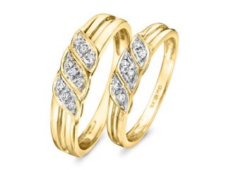 1/7 Carat T.W. Round Cut Diamond Ladies and Men's Wedding Rings 10K Yellow Gold 