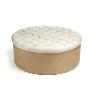 Tufted Top Round Ottoman with Burlap Base
