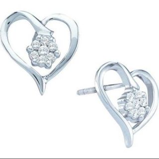 10K White Gold 0.15ct Shiny Pave Round Diamond Ladies Heart Flower Post Earring