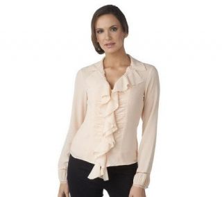 G.I.L.I. Collared Long Sleeve Ruffle Front Blouse —