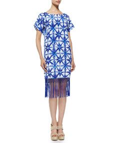 MICHAEL Michael Kors Glazed Tile Print Short Sleeve Fringe Hem Dress