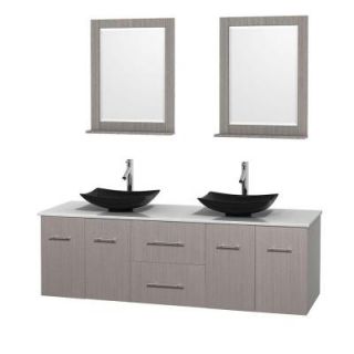 Wyndham Collection Centra 72 in. Double Vanity in Gray Oak with Solid Surface Vanity Top in White, Black Granite Sinks and 24 in. Mirror WCVW00972DGOWSGS4M24