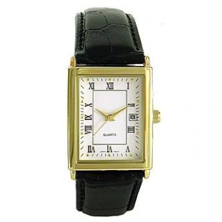 Mens Calendar Date Watch w/GT Rectangle Case, White Dial and Black
