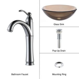 KRAUS Glass Vessel Sink in Clear Brown with Single Hole 1 Handle High Arc Riviera Faucet in Chrome C GV 103 12mm 1005CH
