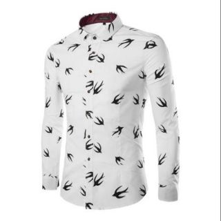 Azzuro Men's Single Breasted Swallow Prints Slim Fit Shirt White (Size S / 36)