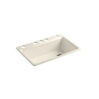 KOHLER Riverby Undermount Cast Iron 33 in. 5 Hole Single Bowl Kitchen Sink with Accessories in Almond K 5871 5UA3 47