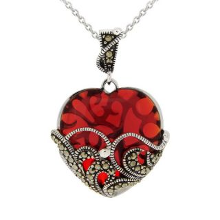 Glitzy Rocks Sterling Silver Marcasite/ Garnet Heart Locket Necklace