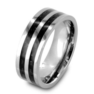Mens Polished Titanium Carbon Fiber Inlay Comfort Fit Ring   8mm Wide