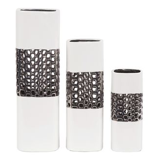 White Bright Nickel Textured Lattice Middle Square Ceramic Vase Set