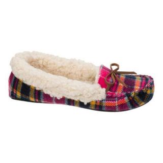 Womens Dearfoams Mixed Material Moccasin Slipper Pink Plaid