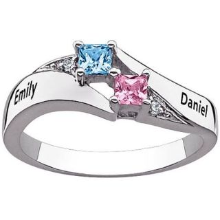 Personalized Sterling Silver Couple's Name and Square Birthstone Diamond Accent Ring