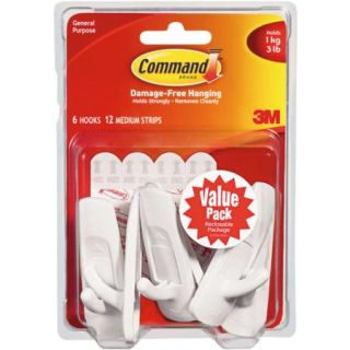 Command Medium Hooks Value Pack, White, 6 Hooks, 12 Strips, 17001 VP 6PK