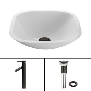 Vigo Glass Vessel Sink in Square Shaped White Phoenix Stone and Dior Faucet Set in Antique Rubbed Bronze VGT436