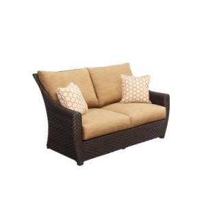 Brown Jordan Highland Patio Loveseat with Toffee Cushions and Tessa Barley Throw Pillows    CUSTOM M10035 LV 11