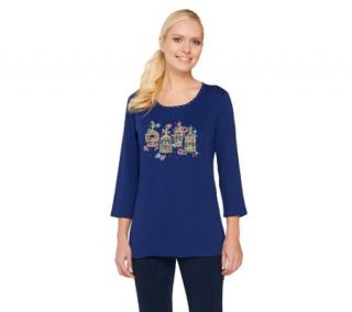 Quacker Factory Embroidered Bird Cage 3/4 Sleeve T shirt —