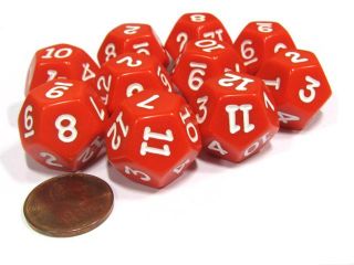 Set of 10 D12 12 Sided 18mm Opaque RPG Dice   Red with White Numbers