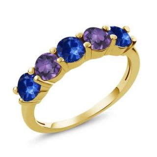 1.02 Ct Blue Sapphire Purple Amethyst 18K Yellow Gold Plated Silver Wedding Band Ring