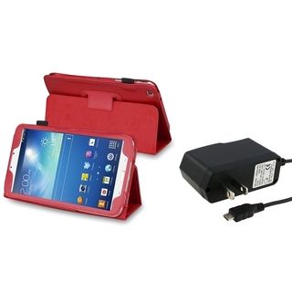 BasAcc Red Leather Case/ Travel Charger for Samsung Galaxy Tab 3/ 8.0