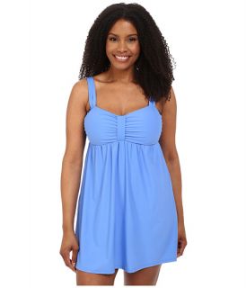 Athena Plus Size Cabana Solids Molded Cup Swim Dress w/ Hidden Hook and Eye Tail One Piece Blue
