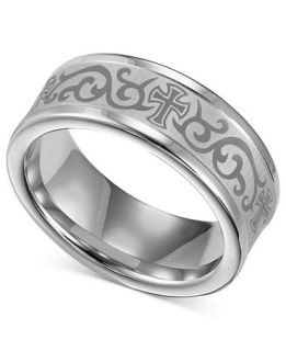 Triton Mens White Tungsten Ring, Laser Detailed Scroll and Cross