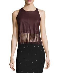 Elizabeth and James Brookline Leather Top W/Fringe Hem, Dark Chocolate