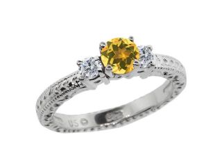 0.71 Ct Round Yellow Citrine White Sapphire 18K White Gold 3 Stone Ring