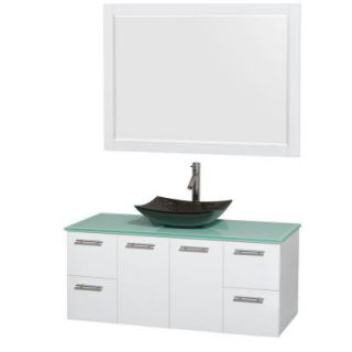 Wyndham Collection Amare 48 in. Vanity in Glossy White with Glass Vanity Top in Green, Granite Sink and 46 in. Mirror WCR410048SGWGGGS4M46