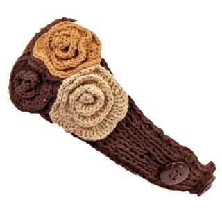 Luxury Divas Brown Knit Hand Made Headband With Three Crochet Flowers