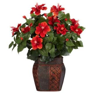 Nearly Natural 24 in. H Red Hibiscus with Vase Silk Plant 6667