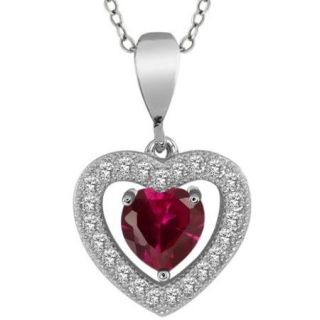 1.24 Ct Heart Shape Red Created Ruby Sterling Silver Pendant 18" Silver Chain