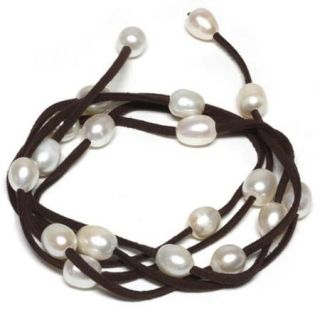 48" White Cultured Freshwater Pearl on Brown Leather Wrap Bracelet / Necklace