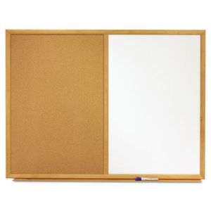 Combo Bulletin Board, Dry Erase Melamine/Cork, 48 x 36, White, Oak Frame
