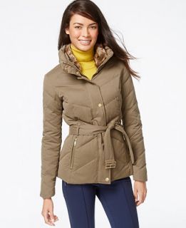 Cole Haan Hooded Faux Fur Collar Belted Down Puffer Jacket   Coats