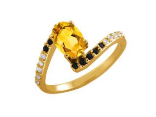 0.70 Ct Oval Yellow Citrine Black Diamond Yellow Gold Plated Silver Ring