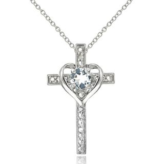 Glitzy Rocks Sterling Silver Aquamarine Diamond Accent Cross Necklace