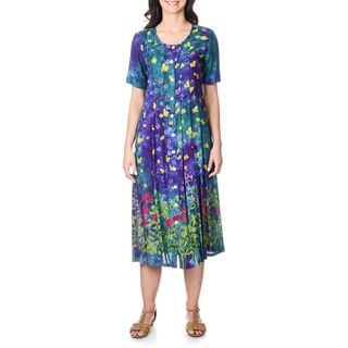 La Cera Womens Teal Floral Print Button front Long Dress