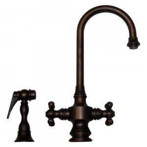 Whitehaus WHKSDCR3 8104 MB Vintage III dual handle entertainment/prep faucet with short gooseneck swivel spout, cross handles and solid brass side spray   Mahogany Bronze