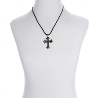 Men's Stainless Steel and Black Enamel Beaded Cross Pendant with 22" Leather Co   7467686