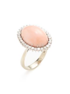 Vintage Diamond & Angel Skin Coral Oval Ring by Estate Fine Jewelry