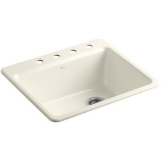 KOHLER Riverby Top Mount Cast Iron 25 in. 4 Hole Single Bowl Kitchen Sink with Basin Rack in Biscuit K 5872 4A1 96