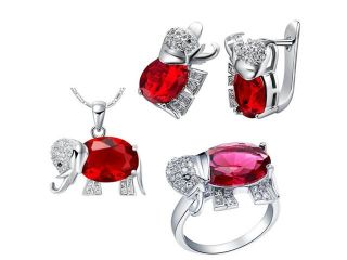 Babao Jewelry Red Elephant 18K Platinum Plated Swarovski Elements Cubic Zirconia Crystals Pendant Necklace Ring Earrings Jewelry Set