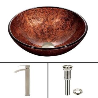 Vigo Glass Vessel Sink in Mahogany Moon and Duris Faucet Set in Brushed Nickel VGT394