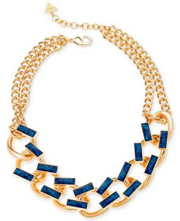 GUESS Gold Tone Blue Stone Large Link Statement Necklace   Jewelry