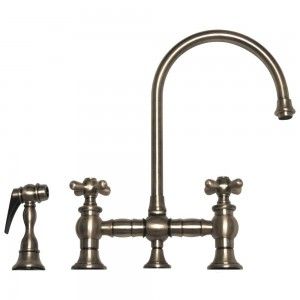 Whitehaus WHKBCR3 9101 BN Vintage III bridge faucet with long gooseneck swivel spout, cross handles and solid brass side spray   Brushed Nickel