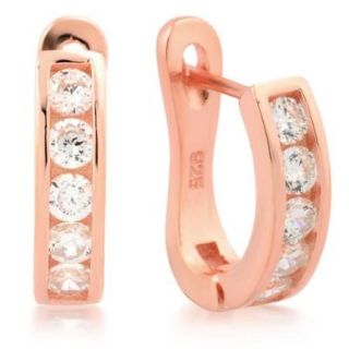 18K Rose Gold Over Sterling Silver Channel Setting Round Cut CZ Huggies Earrings