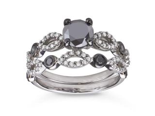 Silver 1 1/2ct TDW Black and White Diamond Bridal Ring Set (H I, I1 I2)
