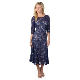 Sangria Womens Three Quarter Sleeve Fit and Flare Rose Lace Dress