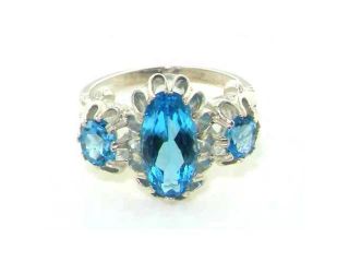 Large Luxury Solid White 9K Gold Natural Vibrant Blue Topaz Victorian Inspired Ring   Finger Sizes 5 to 12 Available