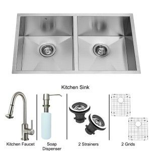 VIGO Industries VG15159 Kitchen Sink Set, All In One 32" Undermount Double Bowl Sink & Faucet   Stainless Steel