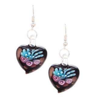 Murano Inspired Glass Black and Blue Flower Heart Earrings